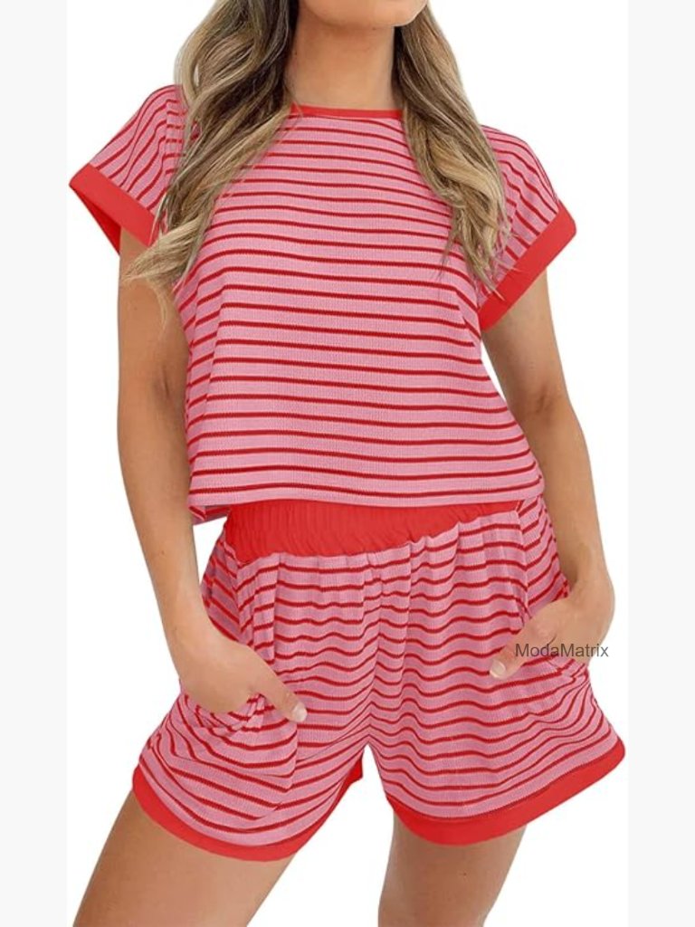 Striped 2 Piece Lounge Set With Pockets Cap Sleeve Tee And Shorts